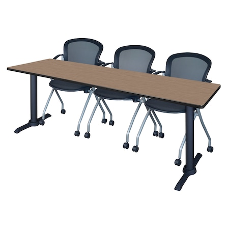 Regency Cain T-Base Training Seminar Table W/ 3 Cadence Stack Chairs, 84 in W, 24 in L, Noble Oak MTRCT8424NO23BK