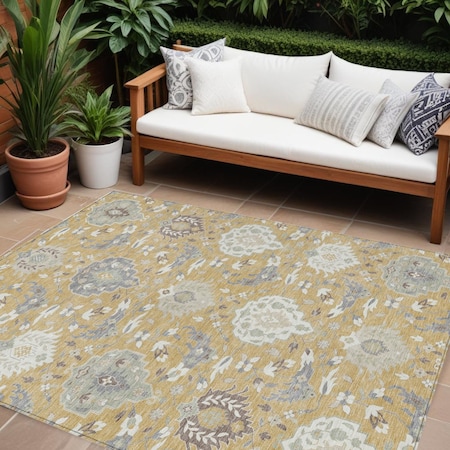 Homeroots 8' X 10' Gold Ivory And Gray Damask Washable Indoor Outdoor Area Rug 599415