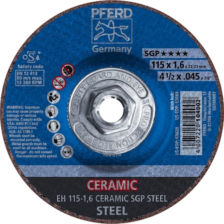Pferd Cut-Off Wheel, Type 27, 4-1/2 in Dia, 0.045 in Thick, 5/8 in-11 Arbor Hole Size, Ceramic Oxide 63669