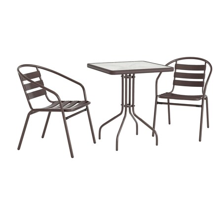 Flash Furniture Lila 23.5in Square Glass Top Metal Table with 2 Bronze Aluminum Slat Stack Chairs TLH-0731SQ-017CBZ2-GG