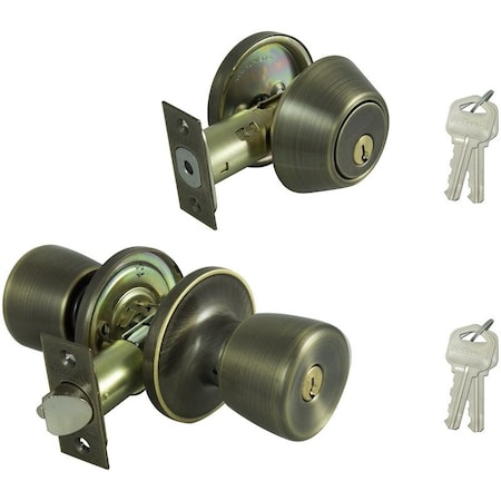 Prosource Deadbolt and Entry Lockset, Turnbutton Lock, Tulip Design, Antique Brass, 3 Grade, Brass BS8B1-PS