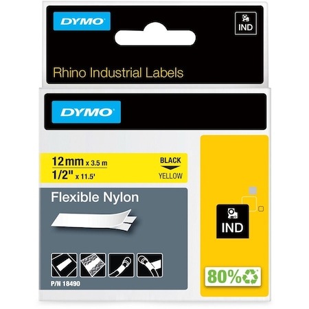 Dymo Label Tape Cartridge, Black/Yellow, Labels/Roll: Continuous 18490