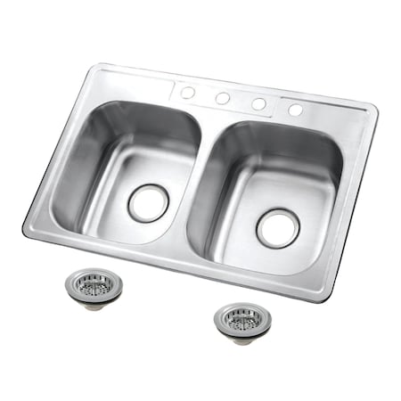 Kingston Brass 33-Inch Stainless Steel Self-Rimming Double Bowl Drop-In Kitchen Sink, 4-Hole with Strainer KGKTD332261