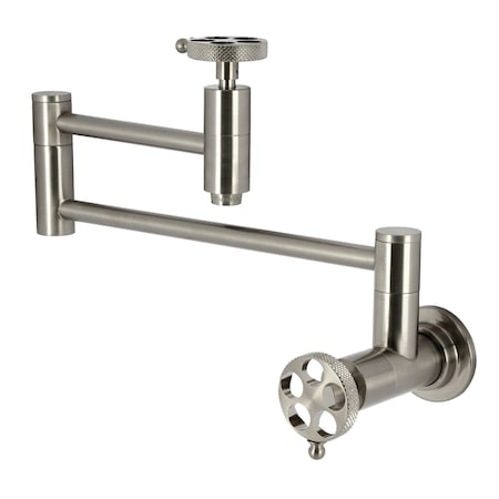 Kingston Brass Wall Mount Pot Filler Faucet with Knurled Handle, Brushed Nickel KS8108RKX