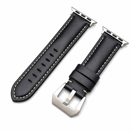 Elegani Leather Band Compatible with Apple Watch 44mm, Blue, Blue/Rose Gold/Yellow Gold Buckle OWLSPAM-BLU-44