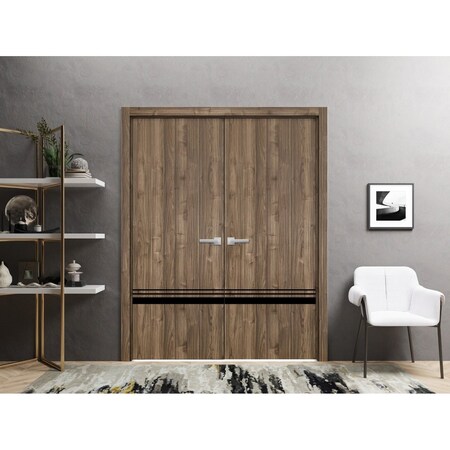 Sartodoors Solid French Double Doors, Planum 0012 Walnut and Aluminum Strips, Wood Solid Panel Frame Trims, Cl PLANUM0012DD-WLN-7284