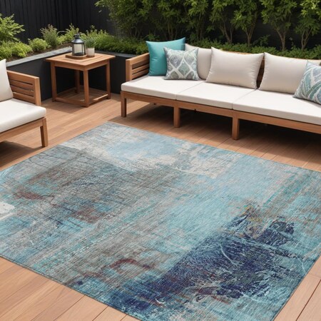 Homeroots 10' X 14' Teal Blue And Gray Abstract Washable Indoor Outdoor Area Rug 632040