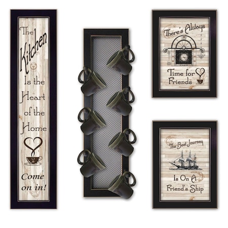 Homeroots Kitchen Collection VII with Seven Peg Mug Rack 3 Black Framed Print Kitchen Wall Art, 4PK 405964