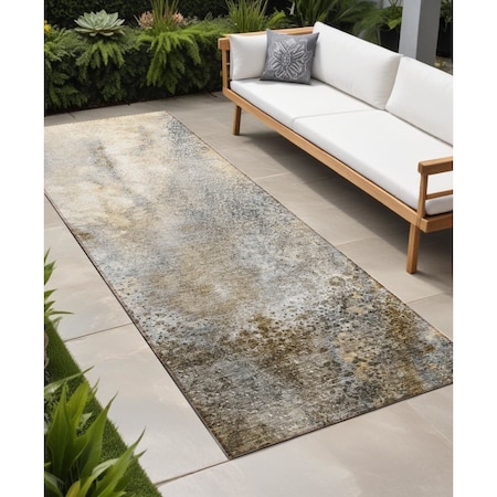 Homeroots 8' Runner Beige Abstract Washable Non Skid Indoor Outdoor Runner Rug 559551