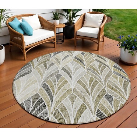 Homeroots 8' Taupe Ivory And Brown Round Geometric Washable Indoor Outdoor Area Rug 589250