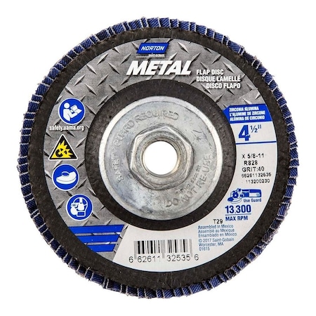 Norton Co Flap Disc: 5/8-11 Hole, 40 Grit, Zirconia Alumina, Type 29 66261132535