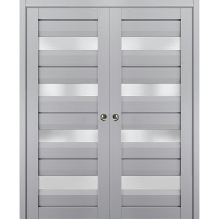 Sartodoors Sliding French Double Pocket Doors with Frosted Glass Grey 72x80 (2* 36x80) Solid Core VEREGIO7455DP-GRE-72