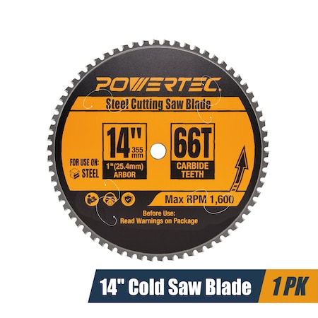 Powertec 14in Cold Saw Blade, 1in Arbor Metal Saw Blades, 66T TCG Cemented Carbide Teeth - 1600 Max RPM 14014