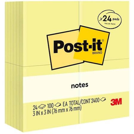 Post-It Notes Value Pack, 3" x 3", Canary Yellow, PK24 65424VAD