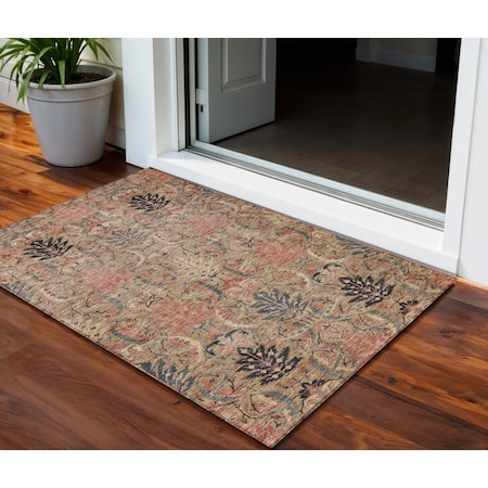 Homeroots 3' X 5' Khaki Terra Cotta And Black Damask Washable Indoor Outdoor Area Rug 603317
