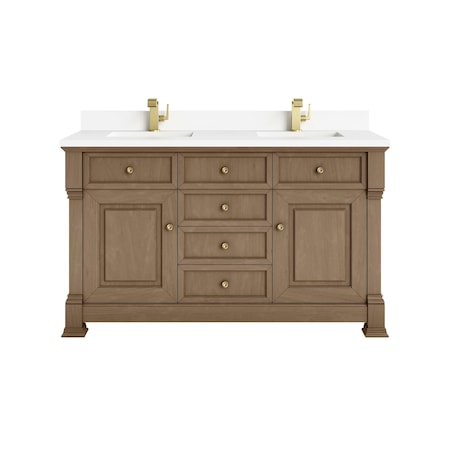 James Martin Vanities Brookfield 60 in. Double Vanity, Pecan w/ Single Hole 3CM White Zeus Silestone Top & Backsplash 547-V60D-PCN-1WZ