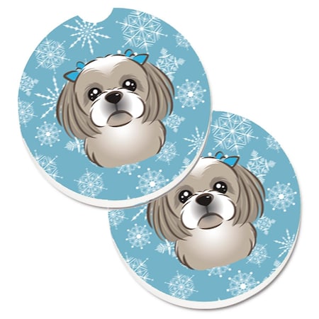 Carolines Treasures Snowflake Grey and Silver Shih Tzu Set of 2 Cup Holder Car Coaster BB1684CARC