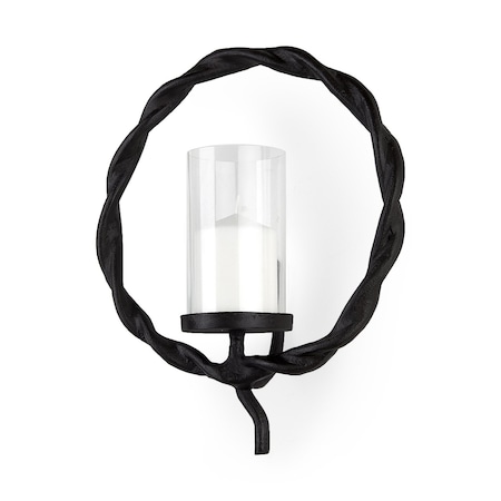 Homeroots 5" Black Distressed Geometric Metal And Glass Wall Sconce Candle Holder 608441