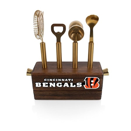 Picnic Time Family Of Brands NFL Cincinnati Bengals Sidecar 5-Piece Bar Tool Set, (Acacia Wood) 672-05-508-077-2