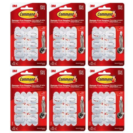 3M Command Mini Hooks, White, 6-Piece Set, 6PK 7100113021