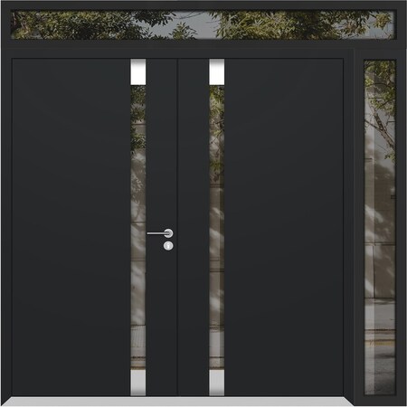 Vdomdoors Aluminum Double Doors Cynex 6777 Black 1 Sidelight and Top Transom Mirrored Clear Glass Modern Pain CYNEX6777DEXD-BLK-W72+12xH80+14-RH-I