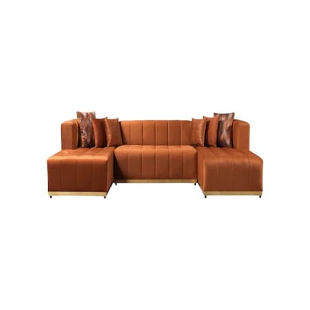 Homeroots Orange Velvet U Shaped Three Piece Sofa and Chaise Sectional With Toss Pillows 643876