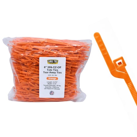 Cable Ties Unlimited Easy-Off Tote Cable Tie, 6 in L, 30 lb Strength, 1.4 in Max Bundle Dia, Nylon 6/6, Orange, 1000PK EZ6-30-3M