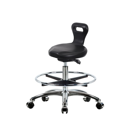 Blue Ridge Ergonomics Poly Serpent Sit-Stand Stool Chr-Medium Bench Ht with Chr Foot Ring&Chr Casters in Black Poly PSPMBSO-CR-CF-CC-BLK