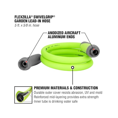 Flexzilla Swivelgrip Garden Lead-In Hose, 5/8 In. X 5', 3/4 In. - 11 1/2 Ght Fittings, 1EA HFZG505YWS