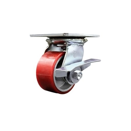 Service Caster 4 Inch Heavy Duty Red Poly on Cast Iron Caster with Roller Bearing and Brake SCC-35S420-PUR-RS-SLB