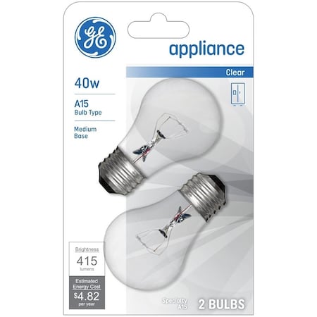Ge 21188 Ceiling Fan Bulb, 40 W, A15 Lamp, E26 Medium Lamp Base, 415 Lumens, 1500 hr Average Life, 2PK 93128843/21188