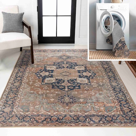 Jonathan Y Maris Ornate Medallion Non-Slip Machine-Washable Beige/Blue 5 ft. x 8 ft. Area Rug WSH109D-5
