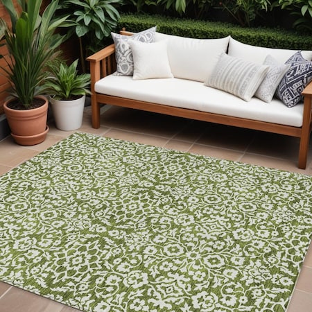 Homeroots 10' X 14' Olive Green And Ivory Damask Washable Indoor Outdoor Area Rug 595180