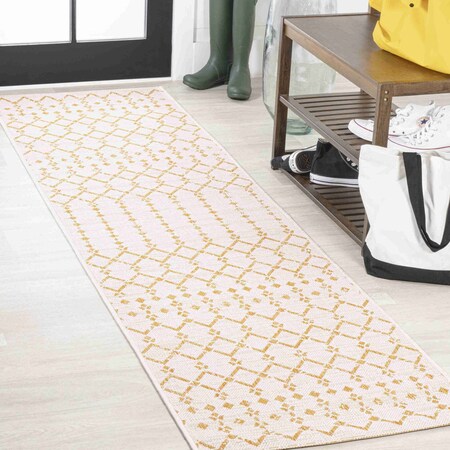 Jonathan Y Ourika Moroccan Geometric Textured Weave Cream/Yellow 2 ft. x 8 ft. Indoor/Outdoor Runner Rug SMB108J-28