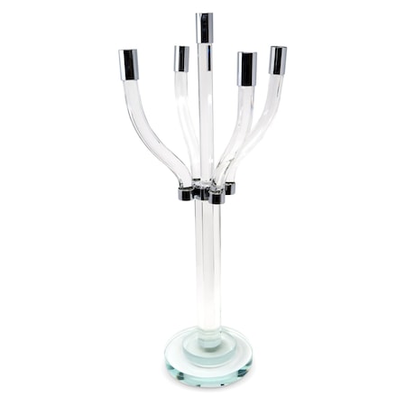 Homeroots 20" Clear And Silver Crystal Tabletop Contempo Candelabra Candle Holder 590247