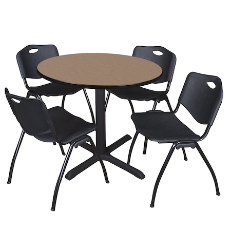 Regency Round Cain Breakroom Table W/ 4 M Stack Chairs, 42 in W, 42 in L, Noble Oak TB42RNDNO47BK