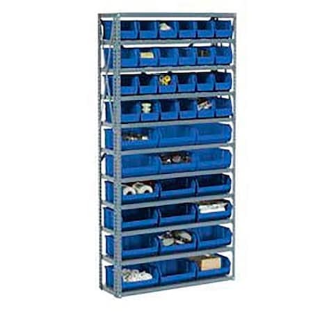 Global Industrial Steel Open Shelving with 36 Blue Plastic Stacking Bins 10 Shelves - 36x12x73 603253BL