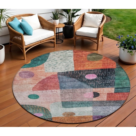 Homeroots 8' Orange Purple And Green Round Geometric Washable Indoor Outdoor Area Rug 604422