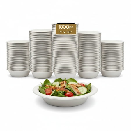 Eco Harmony Products Bagasse Bowls, PFAS-Free, Compostable, White, 7", 1000PK 804573