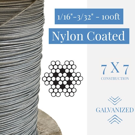 Laureola Industries 1/16 in.-3/32 in. Nylon-6 Coated Clear Galvanized Cable 7x7 Strand Wire Rope, 100 ft ZAG116332-77-GN6C-100