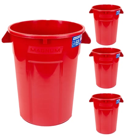 Magnum Tool 32 Gallon Trash Can, High-Vis Red, Construction Grade, Heavy Duty Plastic (4 Pack) CMTC-C000-32R04