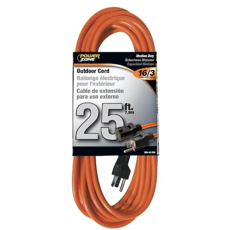 Powerzone SJTW Extension Cord, 16 AWG, Outdoor, 16/3, 1 Outlets, 5-15R, Orange, 5-15P, 25 ft EC501625