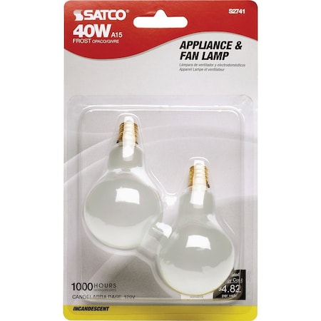 Satco 40W Frosted Soft White Candelabra A15 Incandescent Ceiling Fan Light Bulb, 2PK S2741