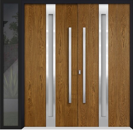 Vdomdoors Steel Double Doors Deux 1744 Natural Oak Sidelight Exterior Black Window Stainless Inserts Single M DEUX1744DEXD-OAKB-RH-W72+16 x H80