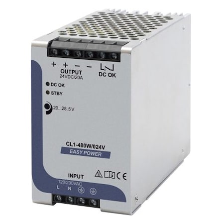 Automation Systems Interconnect 24V Economy DIN Rail Power Supply, 24V DC, 20 Amp Output, 480W, 120V AC Input XCSL1480W024VAA