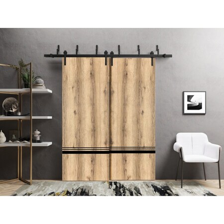 Sartodoors Barn Bypass Doors with 6.6ft Hardware, Planum 0012 Oak and Aluminum Strips, Sturdy Heavy Duty Rails PLANUM0012BBB-DUB-8484