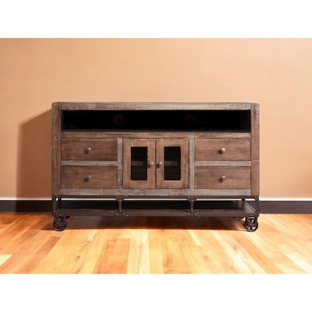 Homeroots 62" Brown Solid Wood Cabinet Enclosed Storage Distressed TV Stand 528715