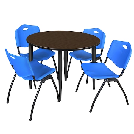 Regency Round Kahlo Breakroom Table W/ 4 M Stack Chairs, 48 in W, 48 in L, Neo Walnut TPL48RNDNWBK47BE