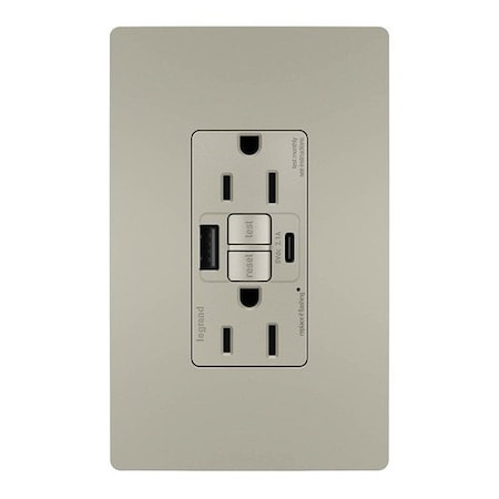 Legrand USB Receptacle, 15 A, Nickel, Nylon 1597TRUSBACNIC4