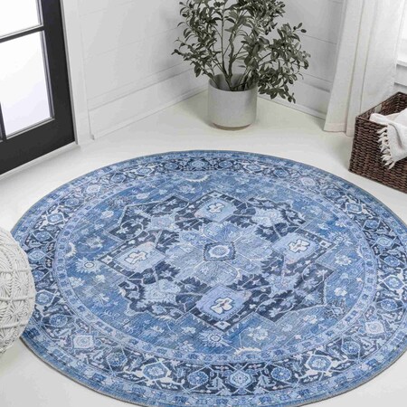 Jonathan Y Maris Ornate Medallion Non-Slip Machine-Washable Blue/Navy 8 ft Round Area Rug WSH109B-8R